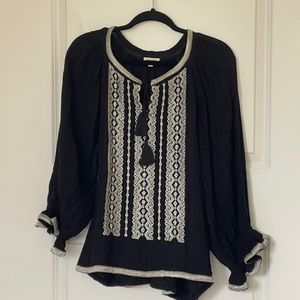 World Market Boho Black Embroidered Gauzy Popover Top S/M